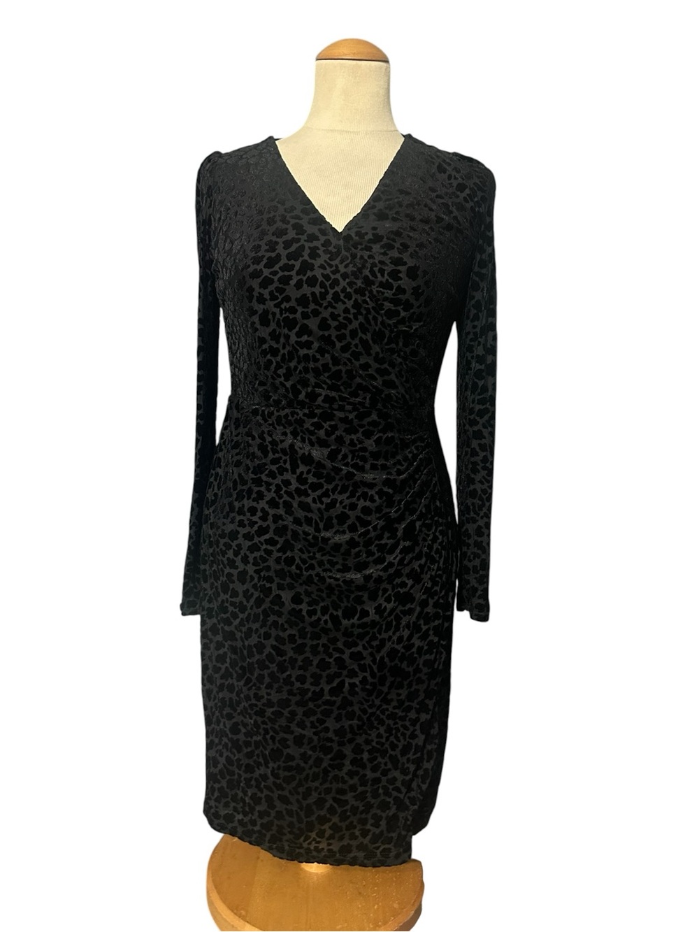 Talbots Velvet Burnout Long Sleeve Faux Wrap Dress NWT Black Size XS